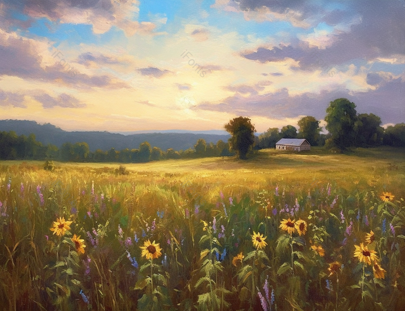 夏日森林中平坦草地上花簇野花小花花朵盛开油画,插画/手绘图,插画/手绘图库,插画/手绘图下载,插画/手绘